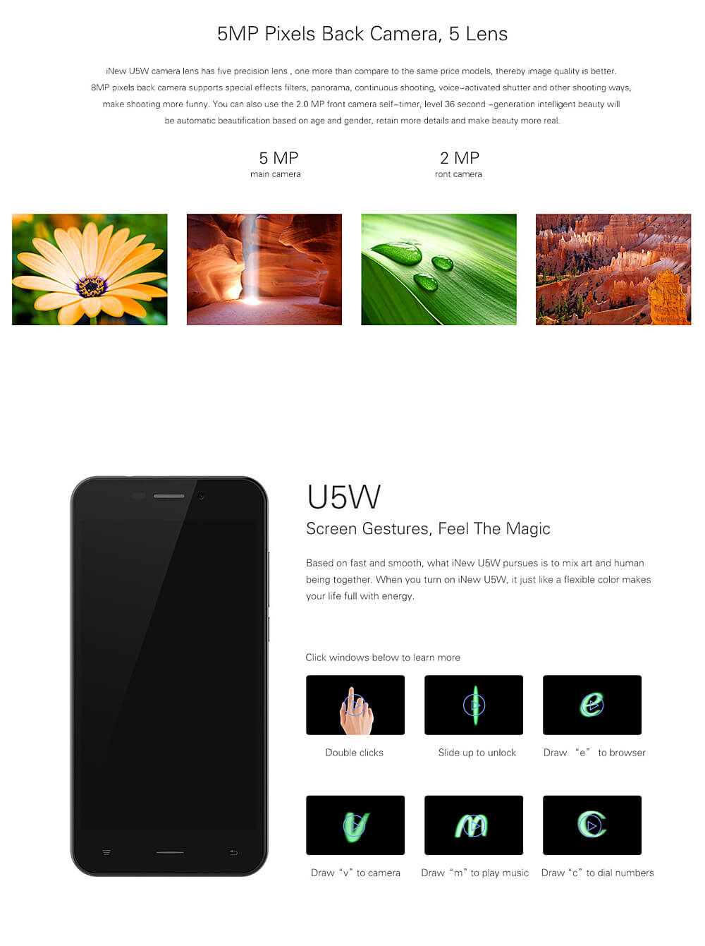 Inew U5W 5.0inch FWVGA Screen 3G Smartphone Android 5.1 1GB RAM 8GB ROM MTK6580 Quad Core 2.0MP 5.0MP OTG GPS 3000mAh - Gold