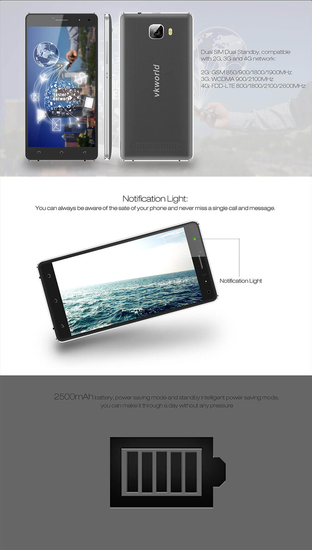 VKworld T3 5.0inch IPS HD Android 5.1 2GB RAM 16GB ROM 4G Smartphone MT6735 Quad Core 13.0MP Cameras Led Notification 2500mAh - White