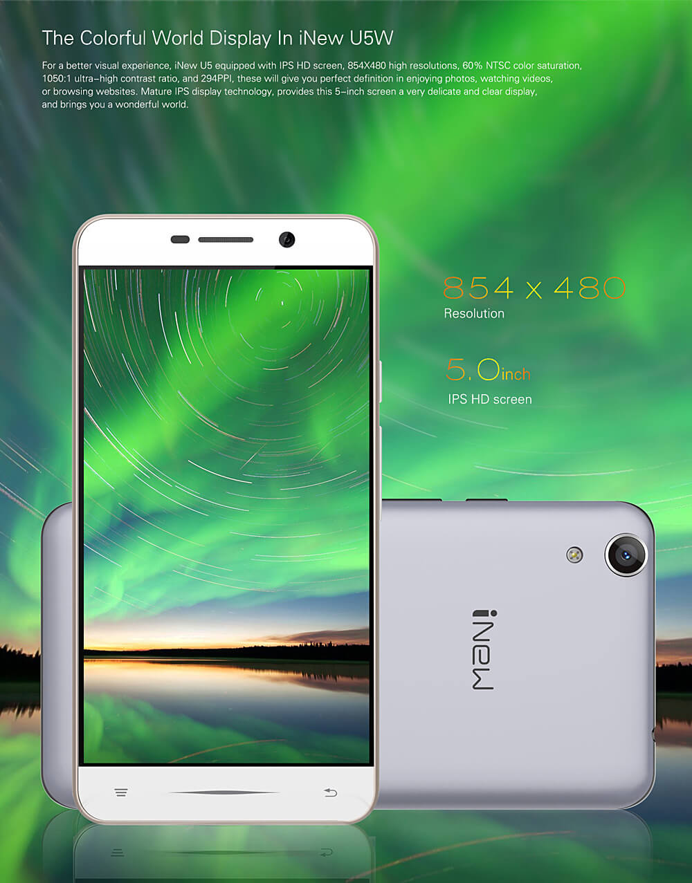 Inew U5W 5.0inch FWVGA Screen 3G Smartphone Android 5.1 1GB RAM 8GB ROM MTK6580 Quad Core 2.0MP 5.0MP OTG GPS 3000mAh - Gold