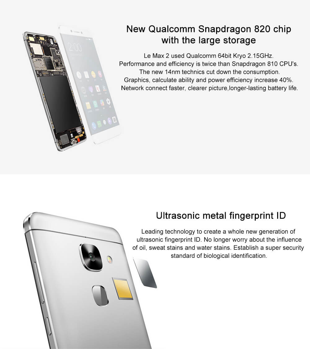 LeTV LeEco Le Max 2 Pro/X820 6GB RAM 128GB ROM 5.7inch 2K Screen Android 6.0 OS Smartphone 64-Bit Qualcomm Snapdragon 820 Quad Core 21MP Touch ID Type-C Fast Charge - Gray