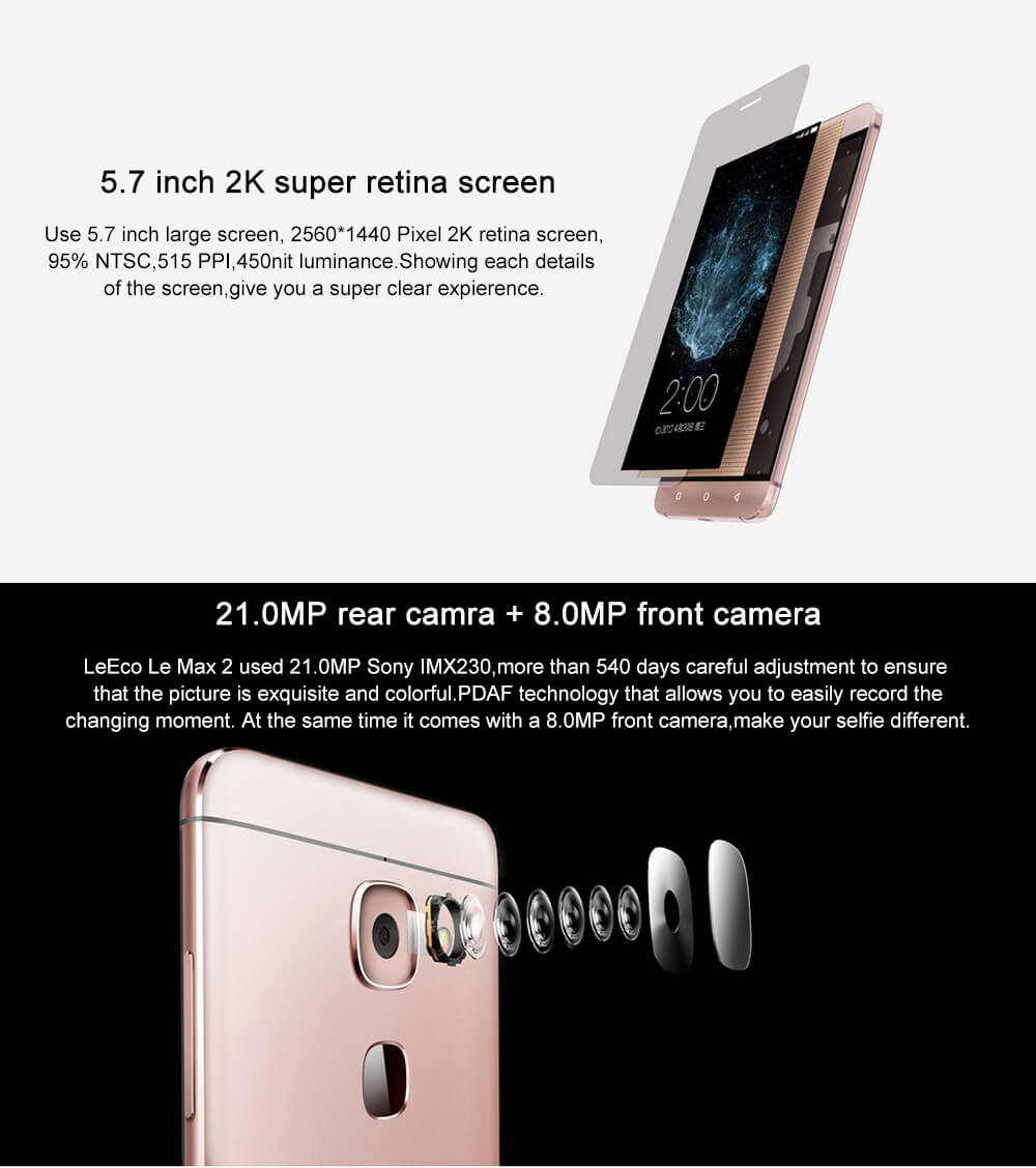 LeTV LeEco Le Max 2 Pro/X820 6GB RAM 128GB ROM 5.7inch 2K Screen Android 6.0 OS Smartphone 64-Bit Qualcomm Snapdragon 820 Quad Core 21MP Touch ID Type-C Fast Charge - Gray