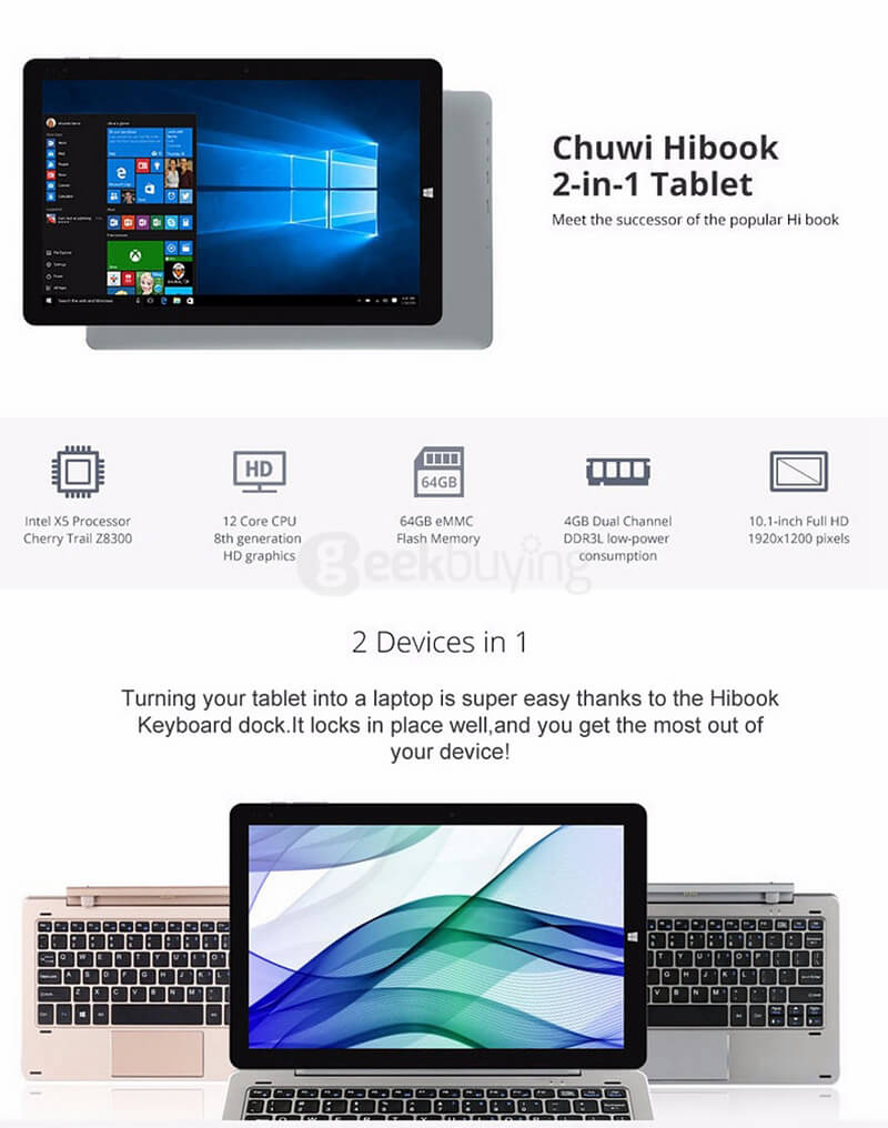 CHUWI HiBook 10.1 inch Intel Cherry Trail Z8300 Dual OS Windows10 + Android 5.1 4GB/64GB 2in1 Ultrabook Tablet Quad Core 1.84GHz IPS 1920*1200 Type-C HDMI - Gray