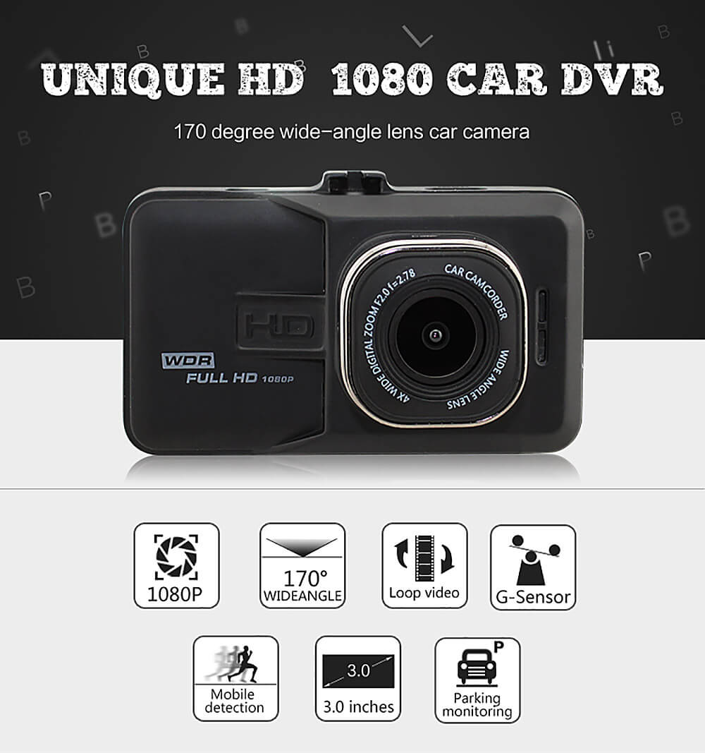 FH06 Novatek96223 Car DVR 140 Degree Wide Angle 3.0MP CMOS Sensor HD G-sensor 3.0inch Dashcam Car Camera Recorder- Black