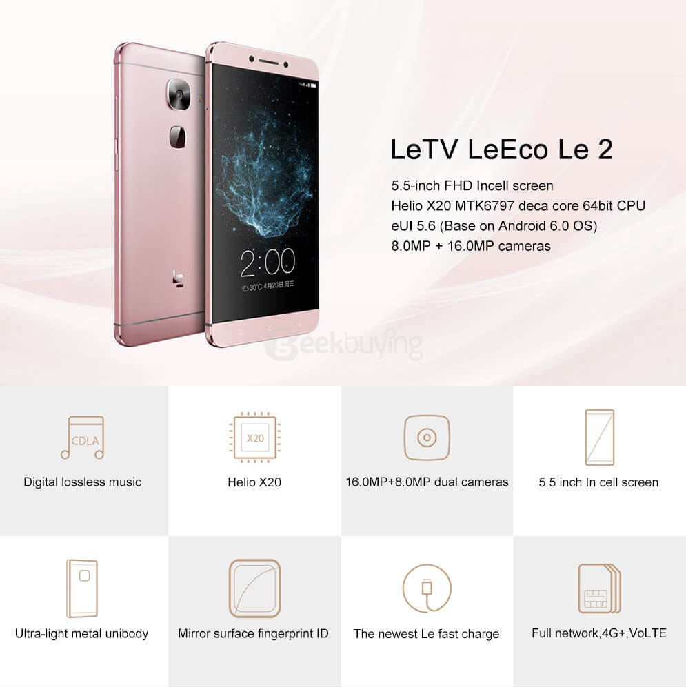 LeTV LeEco Le 2 X620 5.5inch FHD 4G LTE Android 6.0 Helio X20 Smartphone MTK6797 Deca Core 3GB RAM 32GB ROM 16.0MP Touch ID Type C Fast Charge - Silver