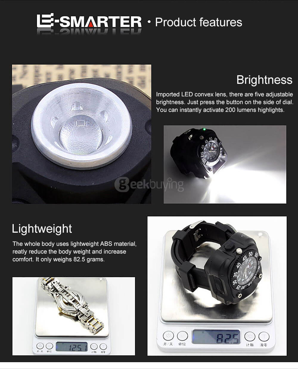 E-smarter X3 LED Light Wrist Strap Watch Flashlight for Outdoor Cool Running - Black
