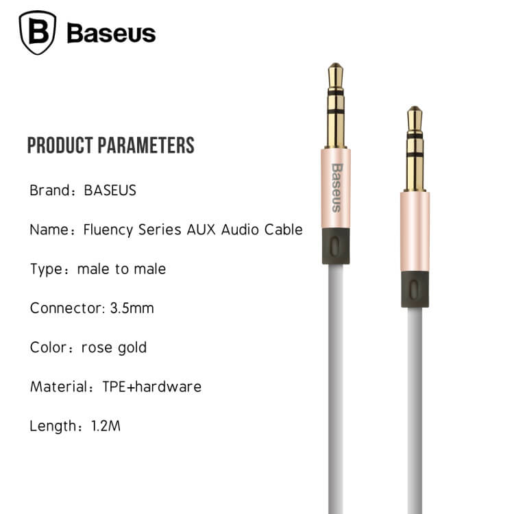 Baseus Fluency Series AUX Audio Cable Car Cable Connect With Phone/Speaker 1.2Meter For 3.5mm Connectors - Rose Gold