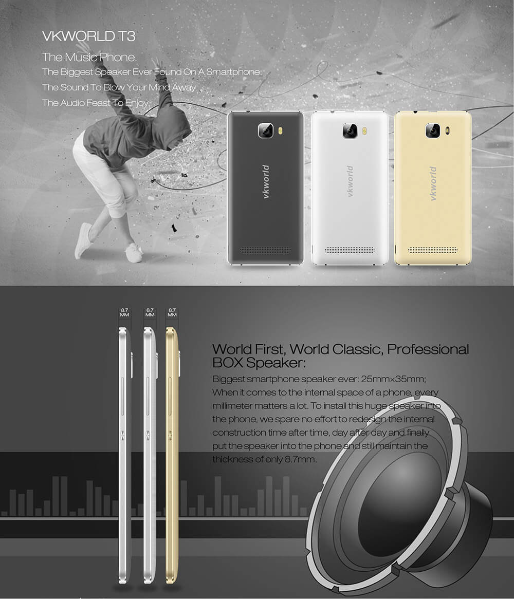 VKworld T3 5.0inch IPS HD Android 5.1 2GB RAM 16GB ROM 4G Smartphone MT6735 Quad Core 13.0MP Cameras Led Notification 2500mAh - Gold