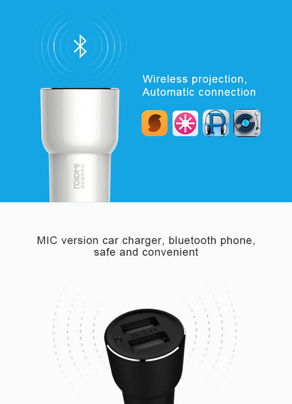 Original Xiaomi Roidmi 2S BFQ02RM Music Bluetooth Car Charger Car Player Answer Calls 2.4A Fast Charge Dual USB Interface FM Radio Compatible iOS and Anroid - Black