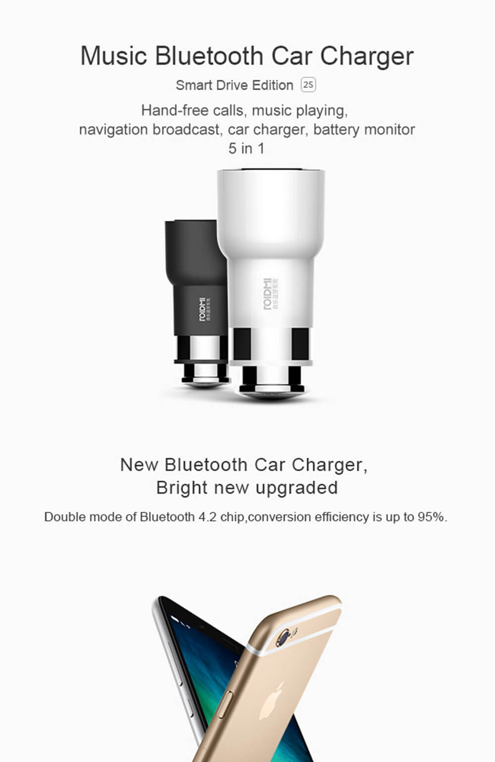 Original Xiaomi Roidmi 2S BFQ02RM Music Bluetooth Car Charger Car Player Answer Calls 2.4A Fast Charge Dual USB Interface FM Radio Compatible iOS and Anroid- White