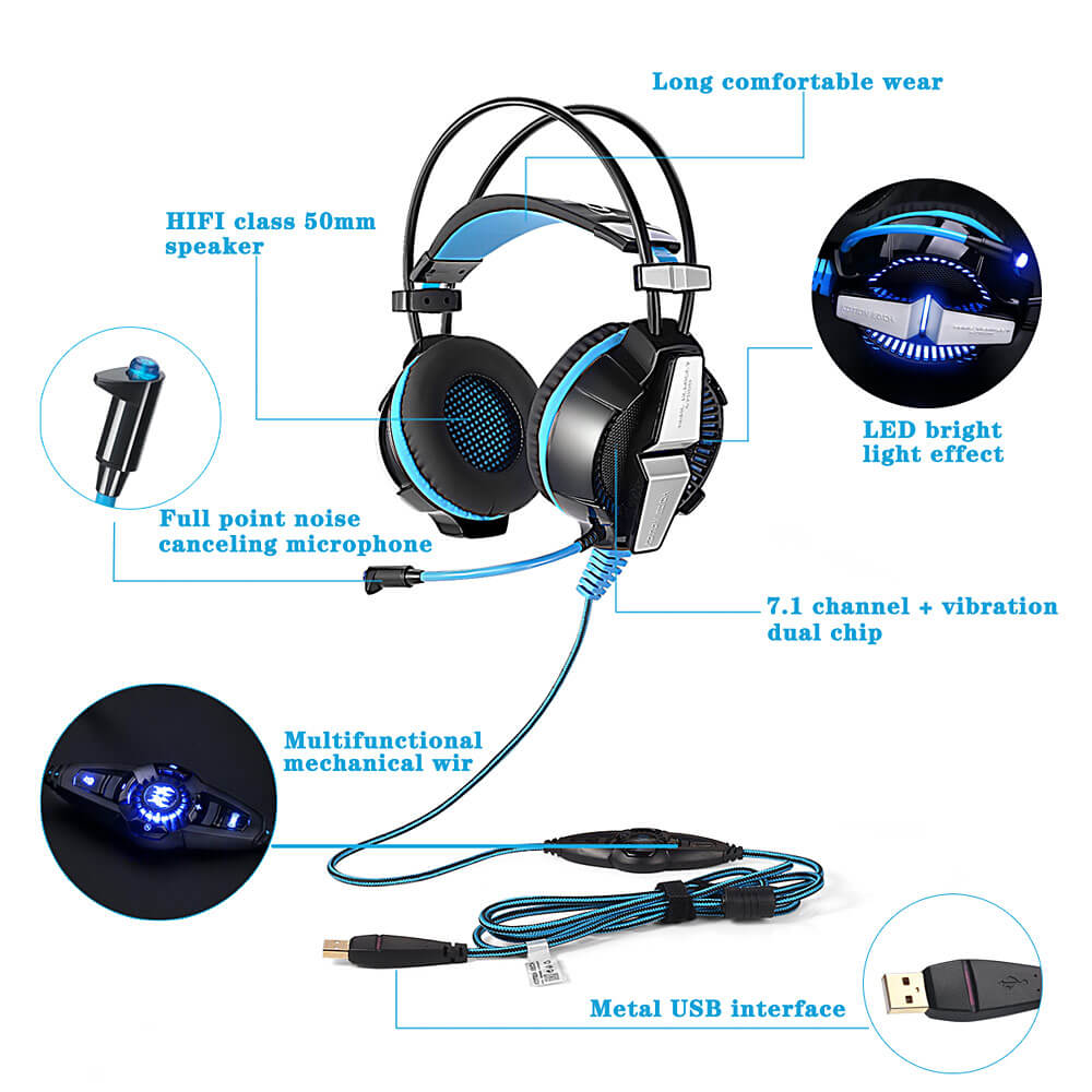 KOTION EACH G7000 7.1 Virtual Surround Sound USB Game Headphone Headset With Mic - Black+Blue