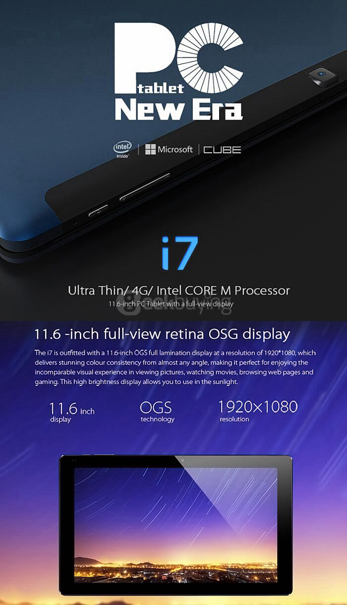 CUBE i7 4G 11.6 inch Windows 10 4GB/128GB SSD Tablet PC Intel Core M-5Y10C Dual Core 2.0GHz IPS 1920*1080 HDMI - Deep Blue