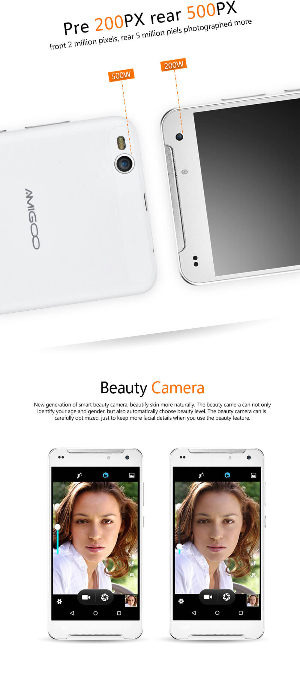 AMIGOO R300 5.5inch QHD Screen MT6580 Quad Core 3G Smartphone Android 5.1 1GB RAM 8GB ROM 5.0MP 2800mAh WIFI GPS - Gold