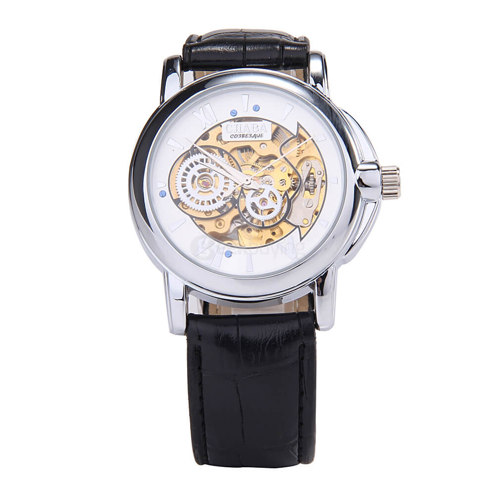 Makibes CJIABA GM0005 Luxury Leather Strap Analog Automatic Mechanical Wrist Watch for Men - Golden(with Box)