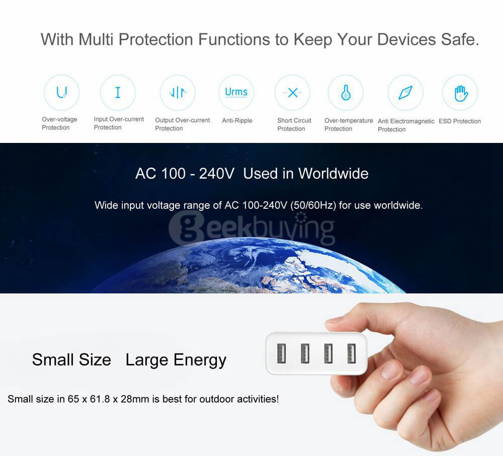 Original Xiaomi Mi 4 Ports USB Charger 2A Fast Charging 35W High Power USB 2.0 Charging Device - White