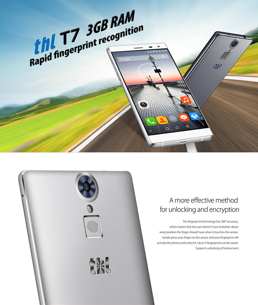 THL T7 5.5 inch IPS HD 4G LTE Android 5.1 3GB RAM 16GB ROM Smartphone 64bit MTK6753 Octa Core 1.3GHz 5.0MP 13.0MP TOUCH ID 4800mAh OTG Cast Screen - Silver