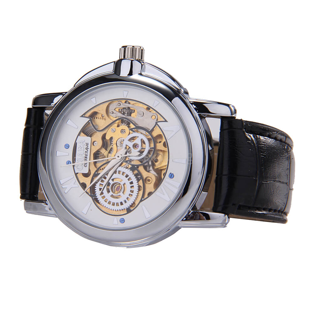 Makibes CJIABA GM0005 Luxury Leather Strap Analog Automatic Mechanical Wrist Watch for Men - Golden(with Box)