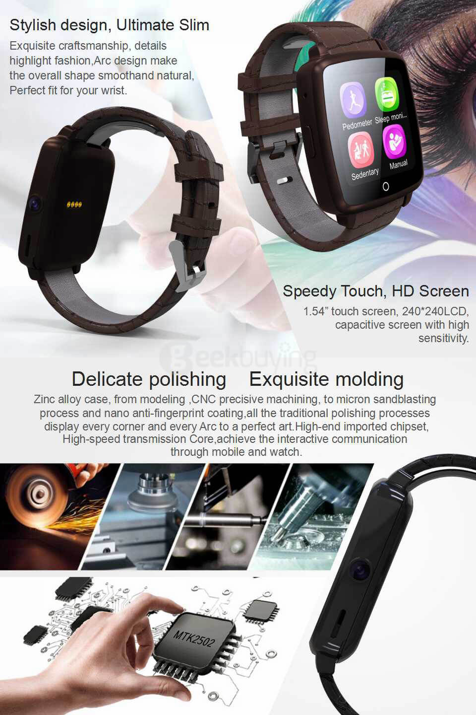 Uwatch U11C MTK2502 Bluetooth GSM Smart Watch Phone Support SIM/TF Card 1.54