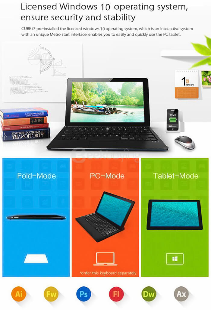 CUBE i7 4G 11.6 inch Windows 10 4GB/128GB SSD Tablet PC Intel Core M-5Y10C Dual Core 2.0GHz IPS 1920*1080 HDMI - Deep Blue