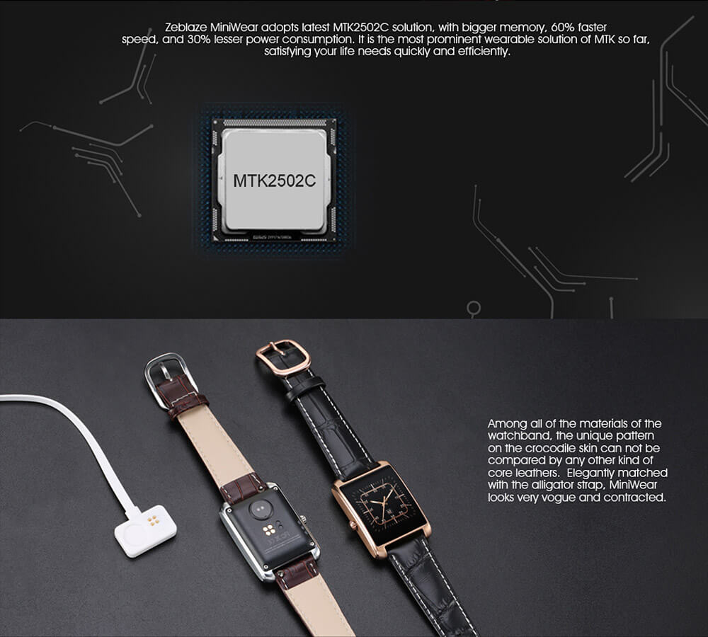 Zeblaze MiniWear BT4.0 Smart Watch MTK2502C Heart Rate Monitor Fitness Tracker IP65 Waterproof Genuine Leather Band for Android iOS - Gold