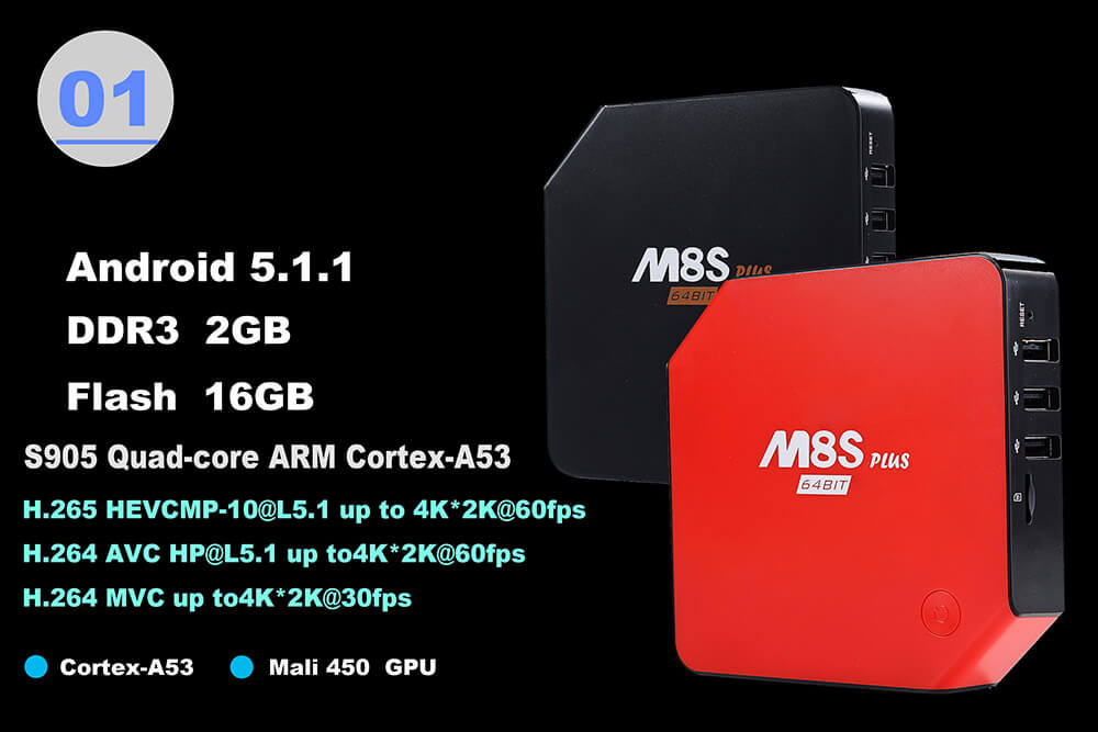 M8S PLUS Amlogic S905 Gigabit 2G/16G Android5.1 4K TV Box KODI 2.4G/5.8G Dual Band WIFI Bluetooth DOLBY TrueHD DTS - Black