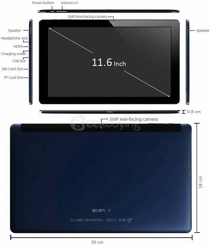 CUBE i7 4G 11.6 inch Windows 10 4GB/128GB SSD Tablet PC Intel Core M-5Y10C Dual Core 2.0GHz IPS 1920*1080 HDMI - Deep Blue