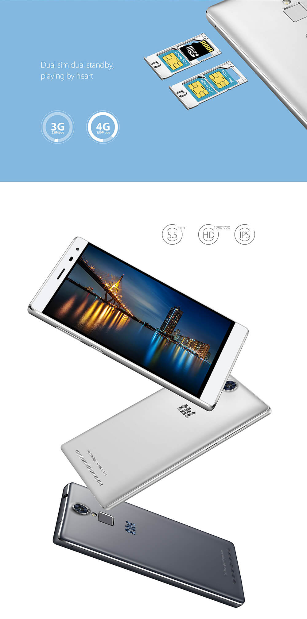 THL T7 5.5 inch IPS HD 4G LTE Android 5.1 3GB RAM 16GB ROM Smartphone 64bit MTK6753 Octa Core 1.3GHz 5.0MP 13.0MP TOUCH ID 4800mAh OTG Cast Screen - Silver