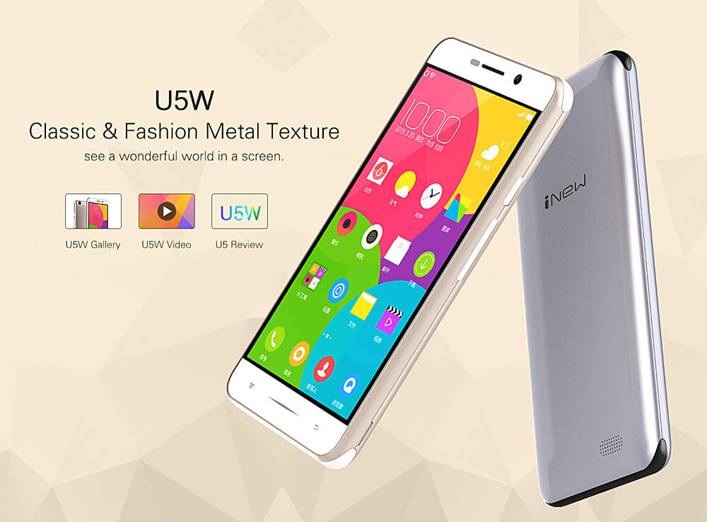 Inew U5W 5.0inch FWVGA Screen 3G Smartphone Android 5.1 1GB RAM 8GB ROM MTK6580 Quad Core 2.0MP 5.0MP OTG GPS 3000mAh - Gold
