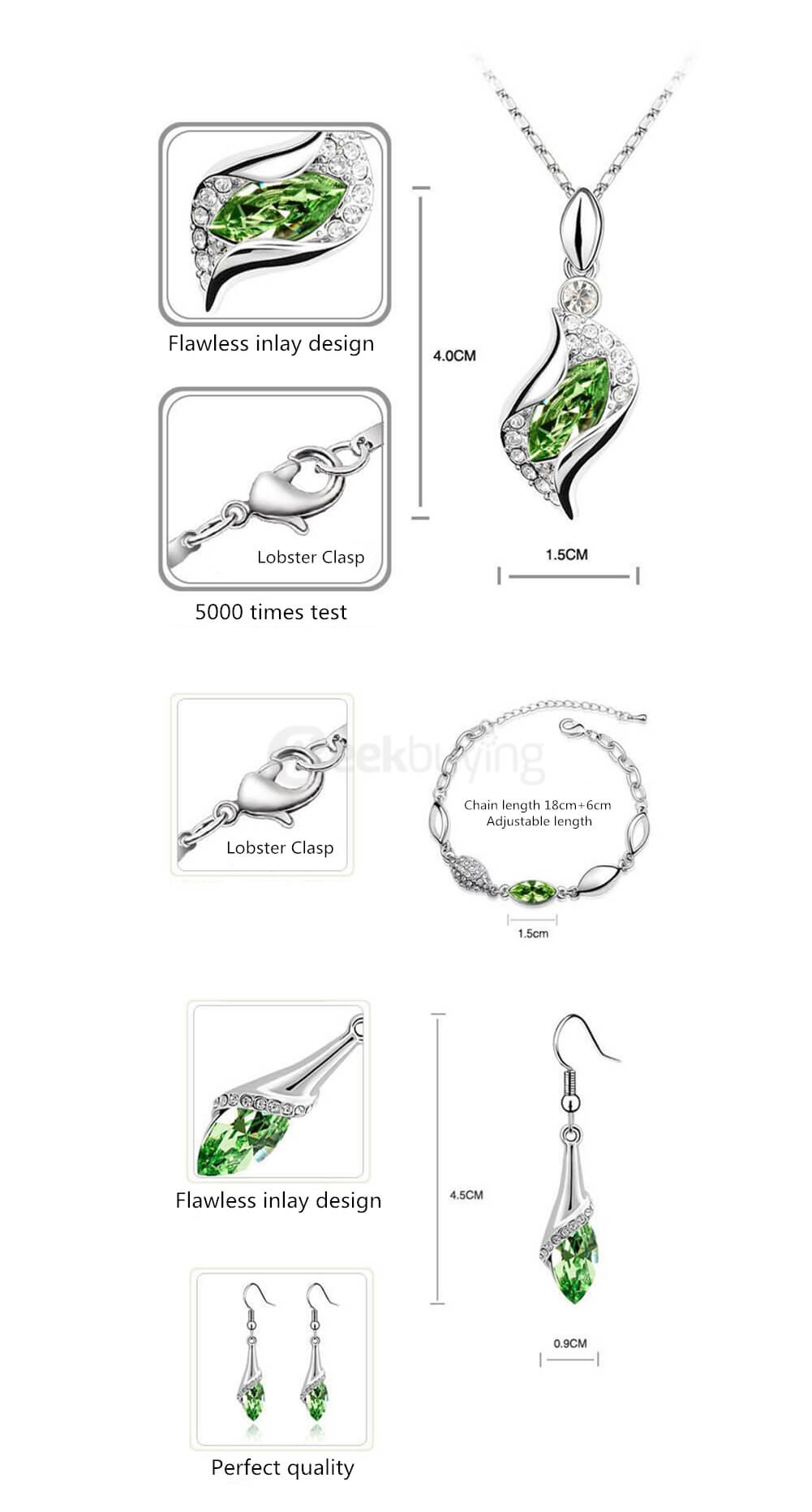 Eye of Angel Bracelet Earrings Necklace Alloy Diamond Women Jewelry Sets - Green