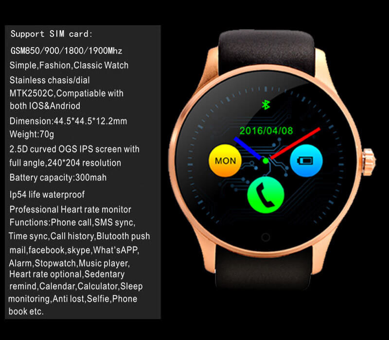 K88S Bluetooth Smart Watch Phone MTK2502C Heart Rate Monitor 2G SIM Fitness Tracker Siri Voice Control for iOS Andriod - Silver+Black