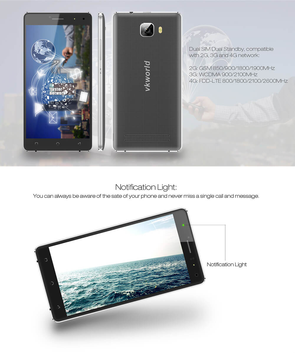 VKworld T3 5.0inch IPS HD Android 5.1 2GB RAM 16GB ROM 4G Smartphone MT6735 Quad Core 13.0MP Cameras Led Notification 2500mAh - Gold