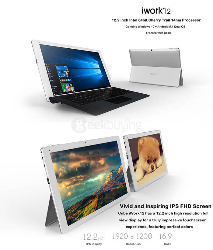 Cube iWork12 2in1 Ultrabook Tablet Intel Cherry Trail Z8300 12.2 inch Windows10 + Android 5.1 4GB/64GB Quad Core 1.84GHz IPS 1920*1200 HDMI - Silver