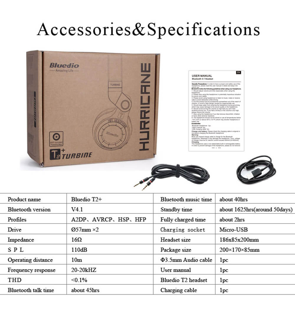 Bluedio T2+ Bluetooth4.1 Wireless Stereo Headphone TF Card FM Music Headset - Blue