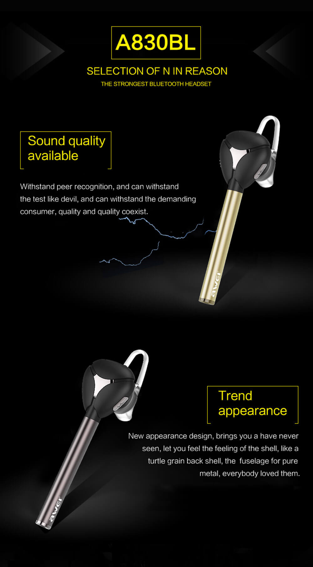 Awei A830BL Wireless Headset Bluetooth 4.1 Car Kit Wireless Stereo Handsfree Earphone - Gold
