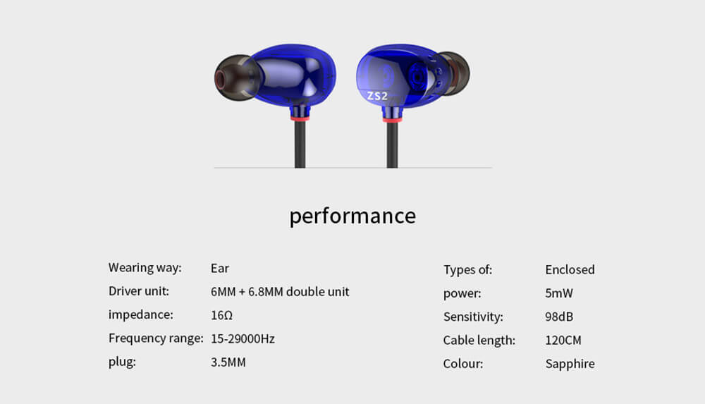 Original KZ ZS2 In-ear Dual Dynamic Unit Heavy Bass Headphone with Mic for Xiaomi Samsung iPhone