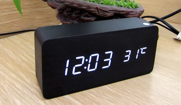AJ6035 Digital LED Wood Wooden Desk Alarm Clock Timer Thermometer Snooze Voice Control - Black+White