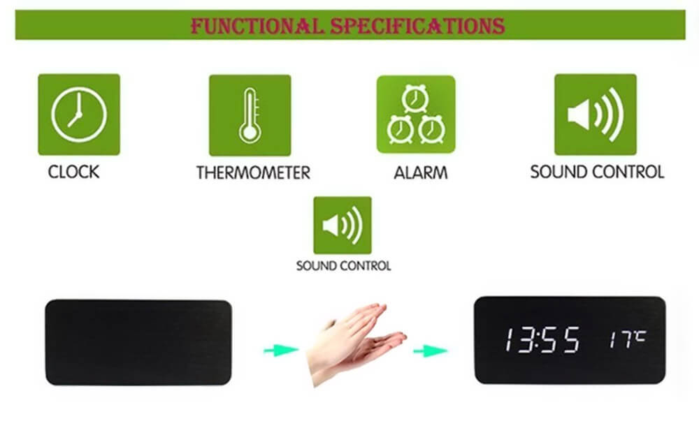 AJ6035 Digital LED Wood Wooden Desk Alarm Clock Timer Thermometer Snooze Voice Control - Black+White