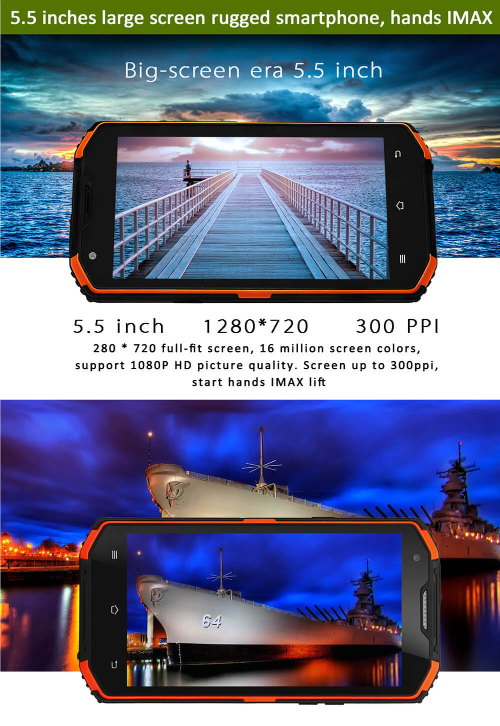 Vphone X3 IP67 5.5inch HD 4G LTE Android 5.1 MT6735 Quad Core 2GB 16GB Rugged Smartphone Waterproof Dustproof Shockproof 13.0MP 4500mAh Battery - Black
