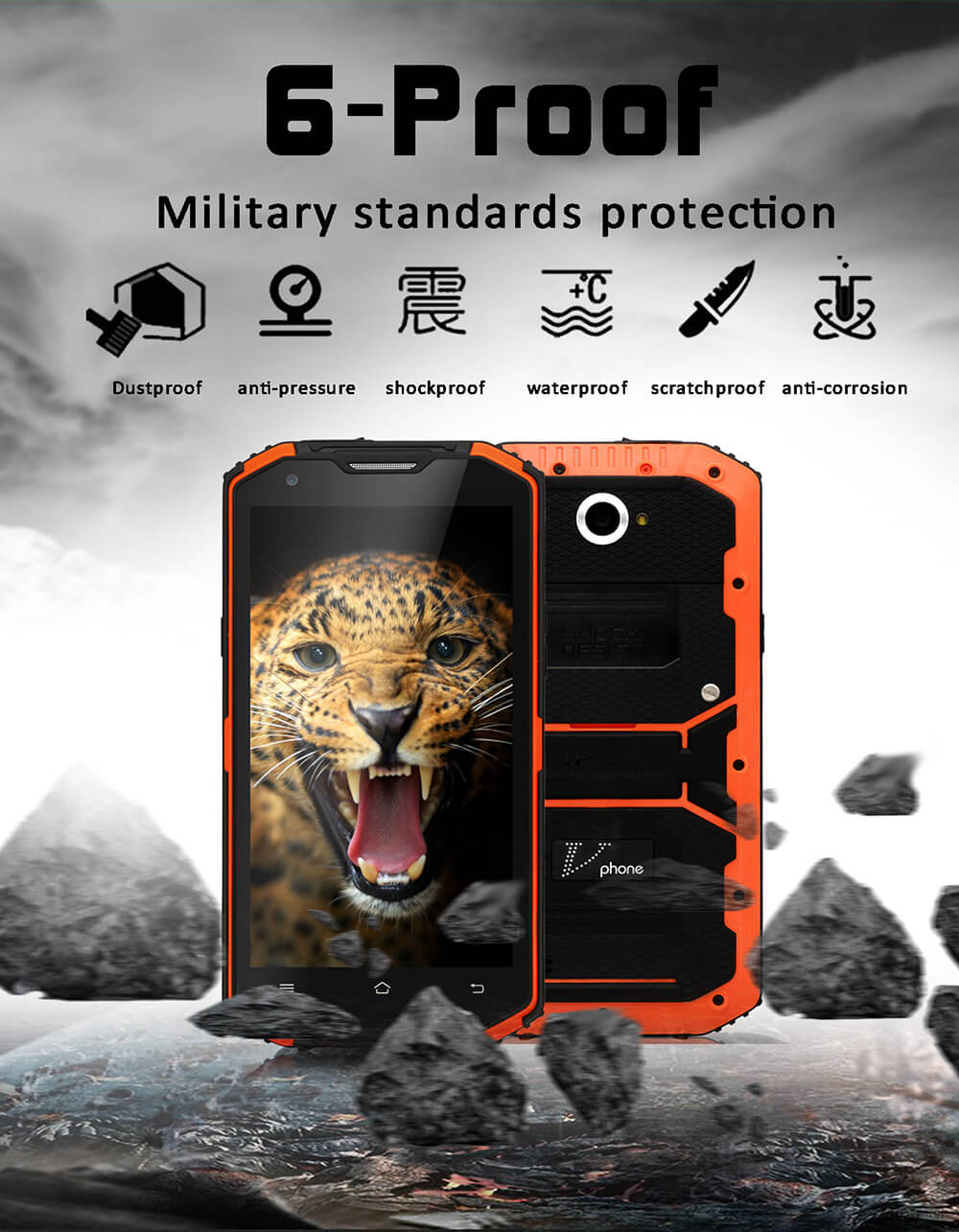 Vphone X3 IP67 5.5inch HD 4G LTE Android 5.1 MT6735 Quad Core 2GB 16GB Rugged Smartphone Waterproof Dustproof Shockproof 13.0MP 4500mAh Battery - Black