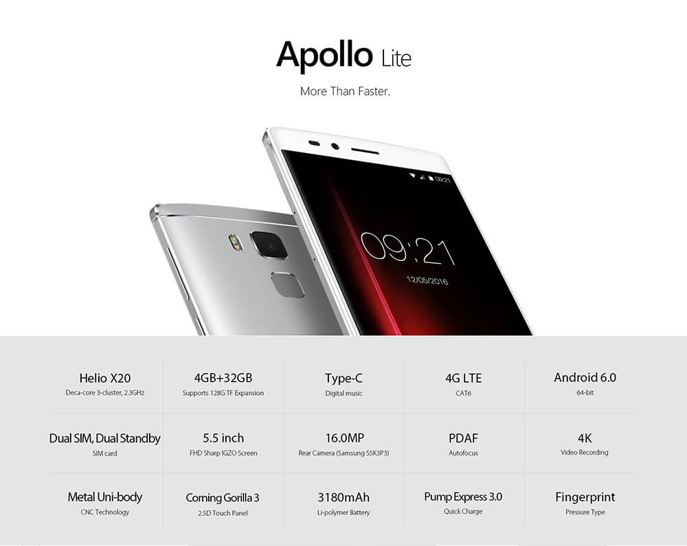 Vernee Apollo Lite 5.5-Inch Android 6.0 Helio X20 MT6797 Deca Core Smartphone 4GB+32GB 5.0MP+16.0MP Type-C Touch ID OTG Fast Charge Gyroscope - Silver