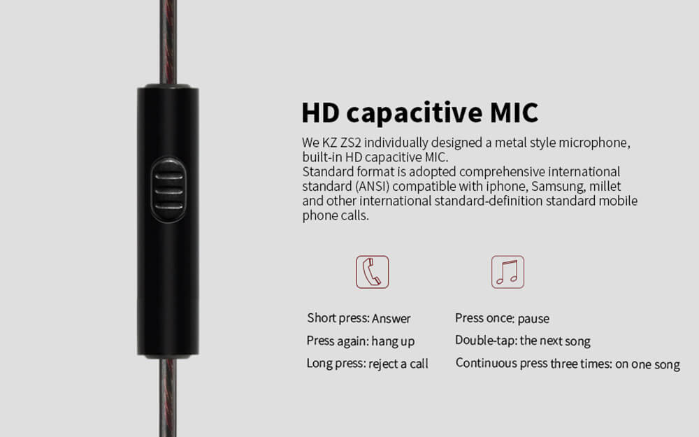 Original KZ ZS2 In-ear Dual Dynamic Unit Heavy Bass Headphone with Mic for Xiaomi Samsung iPhone