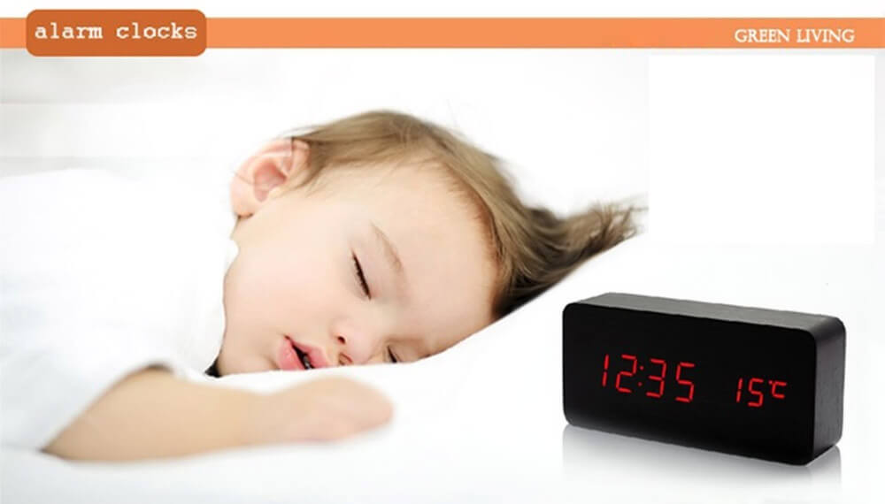 AJ6035 Digital LED Wood Wooden Desk Alarm Clock Timer Thermometer Snooze Voice Control - Black+Red