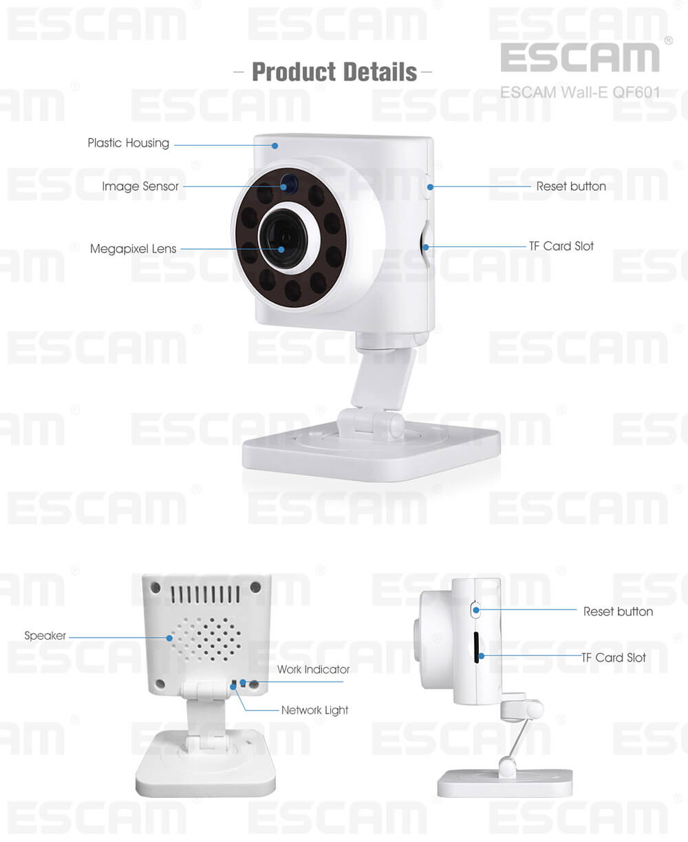 ESCAM Wall-E QF601 WiFi IP Camera 720P 110 Degrees Wide Angle 2.8mm Lens Onvif Network Camera Night Vision