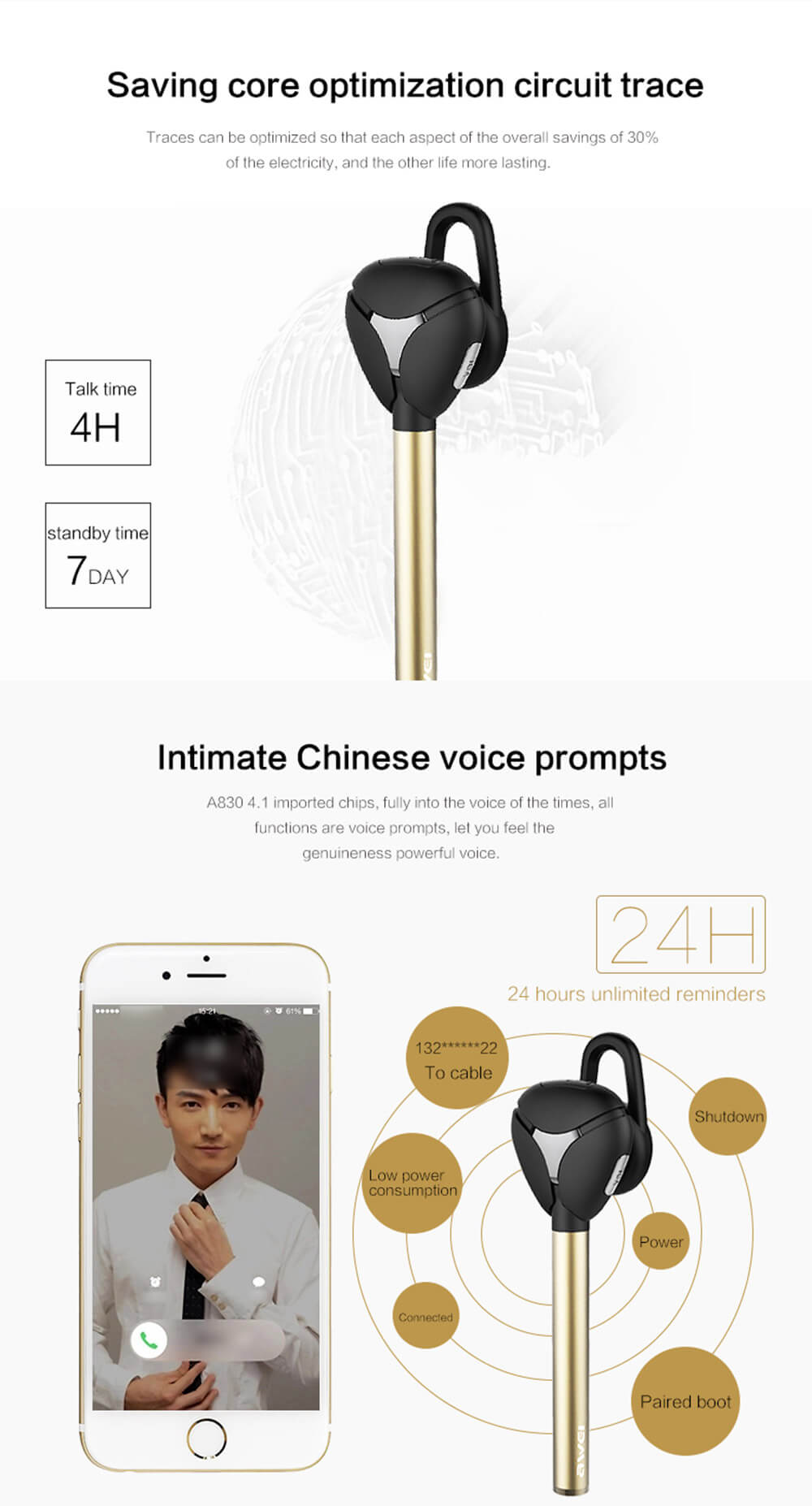 Awei A830BL Wireless Headset Bluetooth 4.1 Car Kit Wireless Stereo Handsfree Earphone - Gold