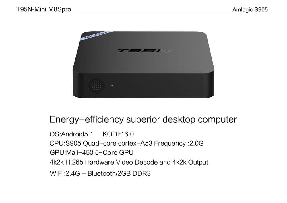 T95N-Mini M8Spro 4K Android 5.1 Amlogic S905 TV BOX 2G/8G 802.11 b/g/n LAN KODI HDMI Dolby 3G - Black