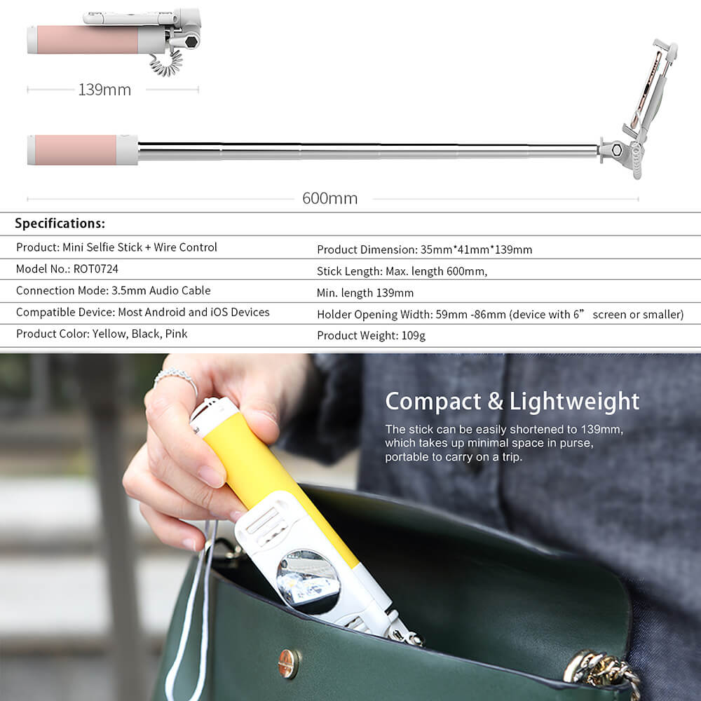 ROCK Monopod With 3.5mm Audio Cable Wire Control Selfie Stick For Smartphones - Black