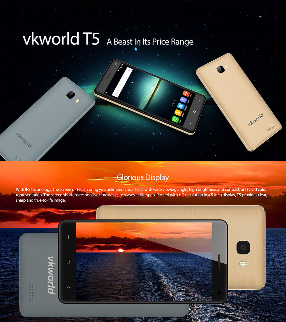 VKWORLD T5 5.0inch IPS HD Screen Android 5.1 3G Smartphone MTK6580 Quad Core 2GB 16GB 8.0MP+5.0MP Cameras Dual SIM - Gray
