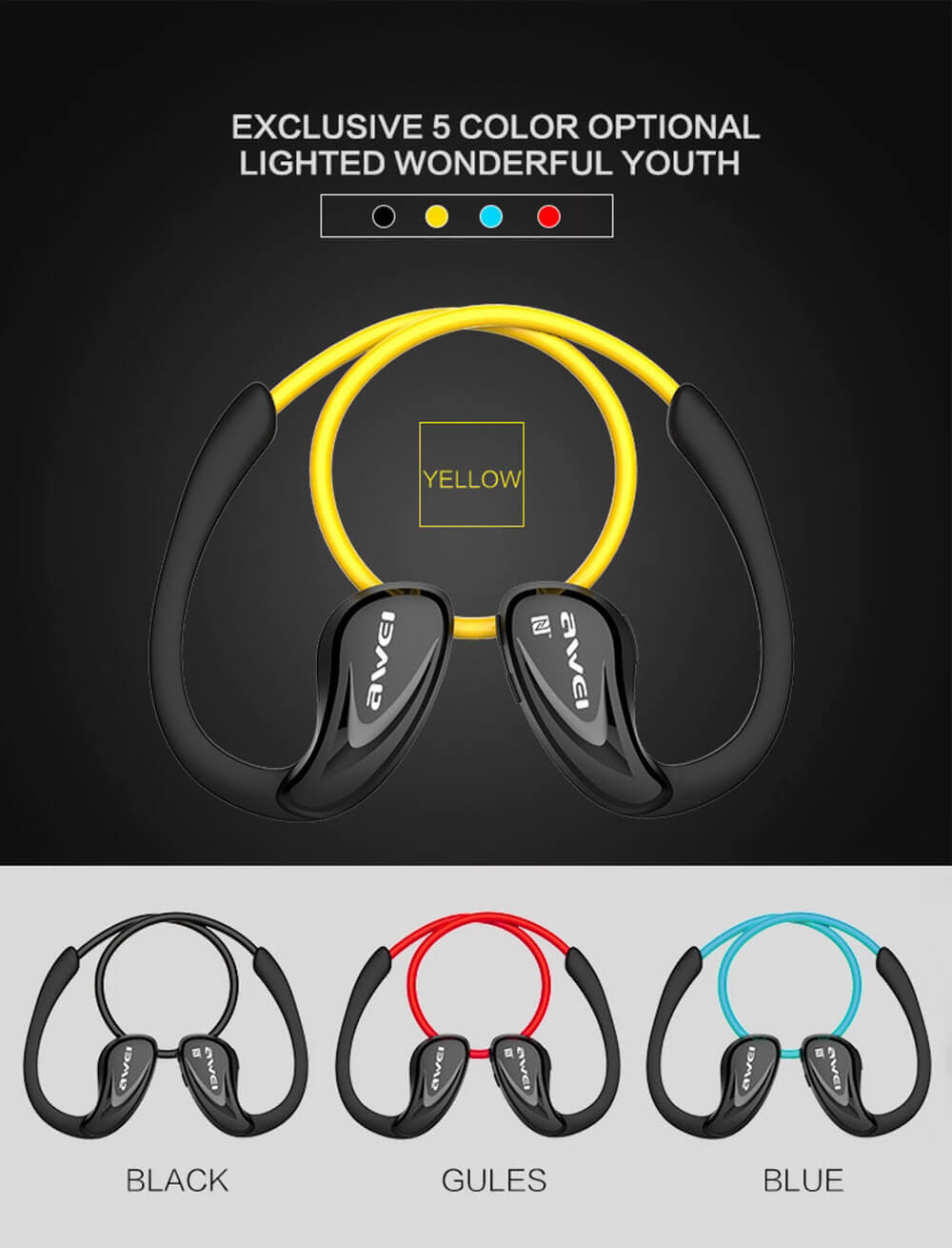 Awei A880BL Wireless Bluetooth V4.0 Headphones Sports Stereo Earphones - Yellow
