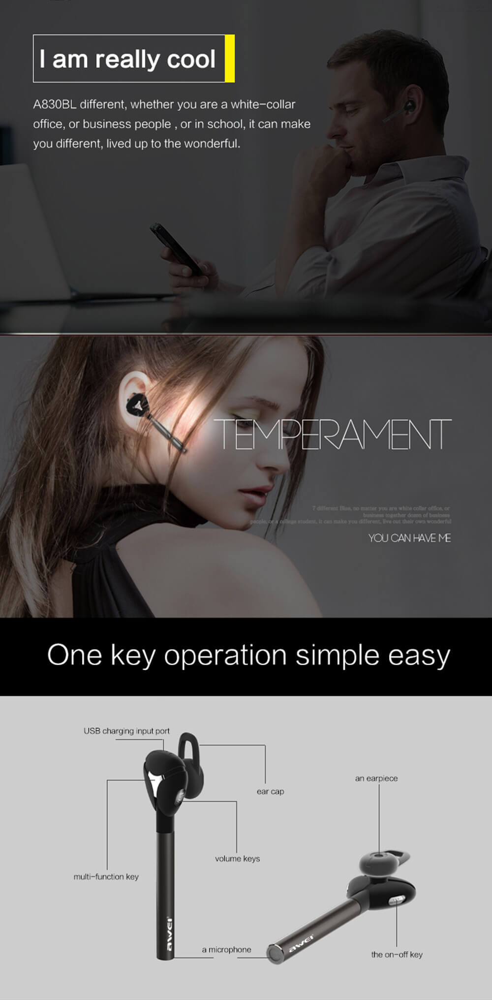 Awei A830BL Wireless Headset Bluetooth 4.1 Car Kit Wireless Stereo Handsfree Earphone - Gold