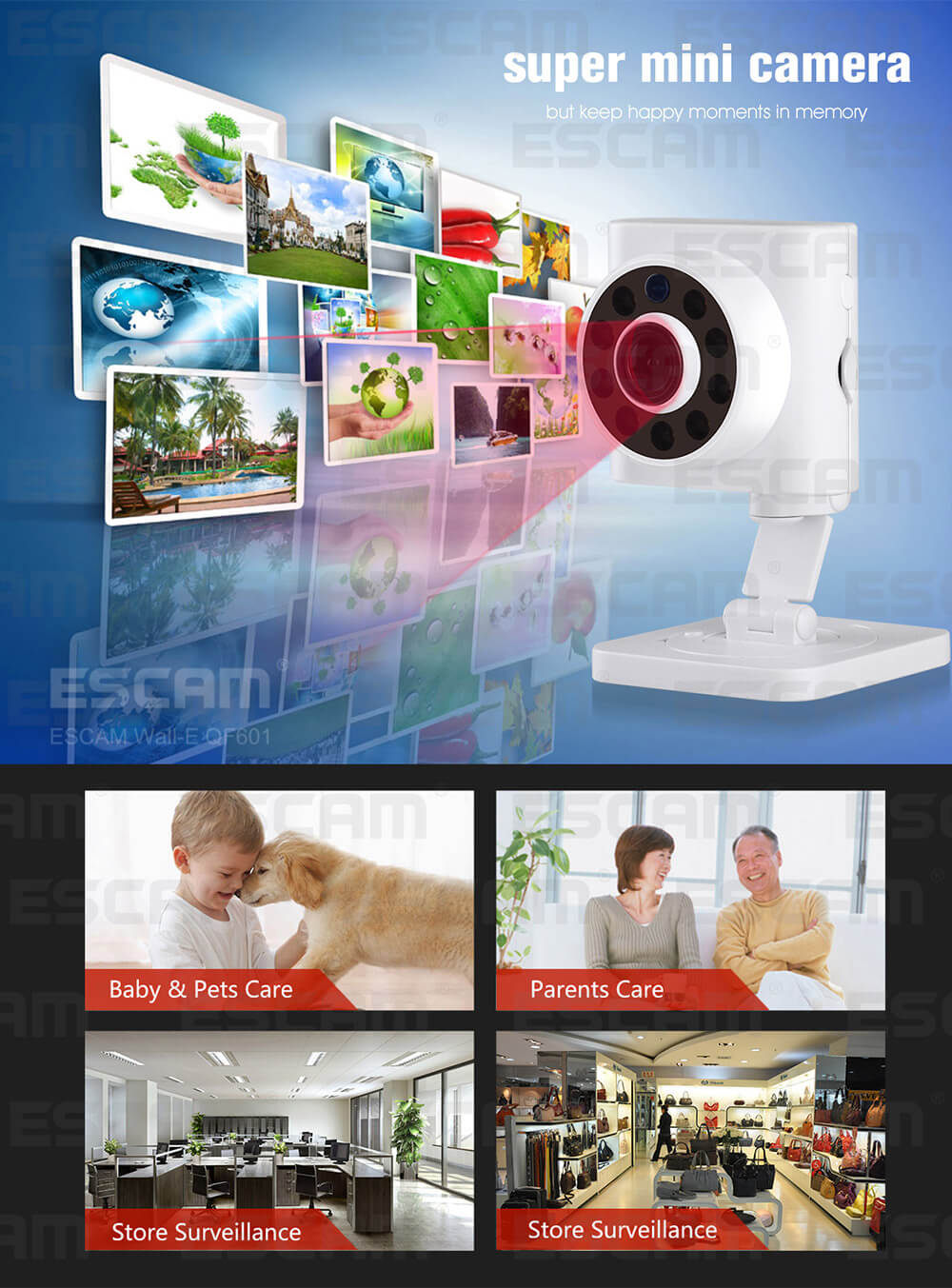 ESCAM Wall-E QF601 WiFi IP Camera 720P 110 Degrees Wide Angle 2.8mm Lens Onvif Network Camera Night Vision