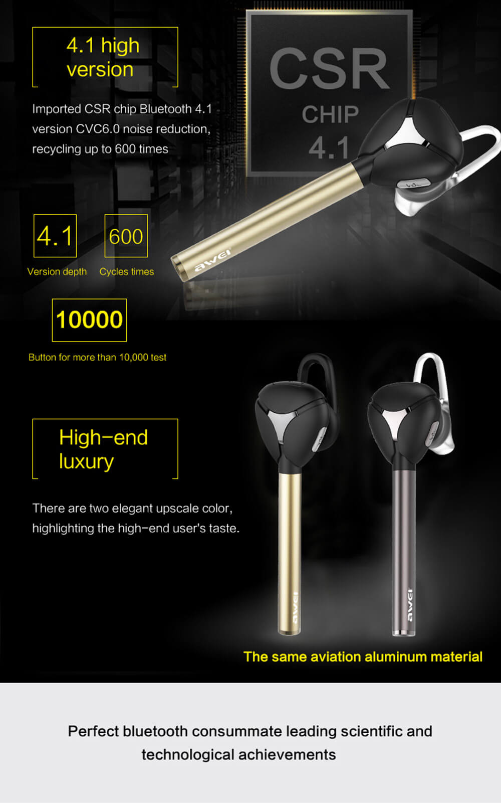 Awei A830BL Wireless Headset Bluetooth 4.1 Car Kit Wireless Stereo Handsfree Earphone - Gold